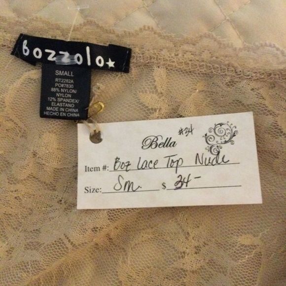 BOZZOLO Long Sleeve Scoop Neck Taupe Sheer Lace Fitted Top Tee Small - Picture 7 of 9